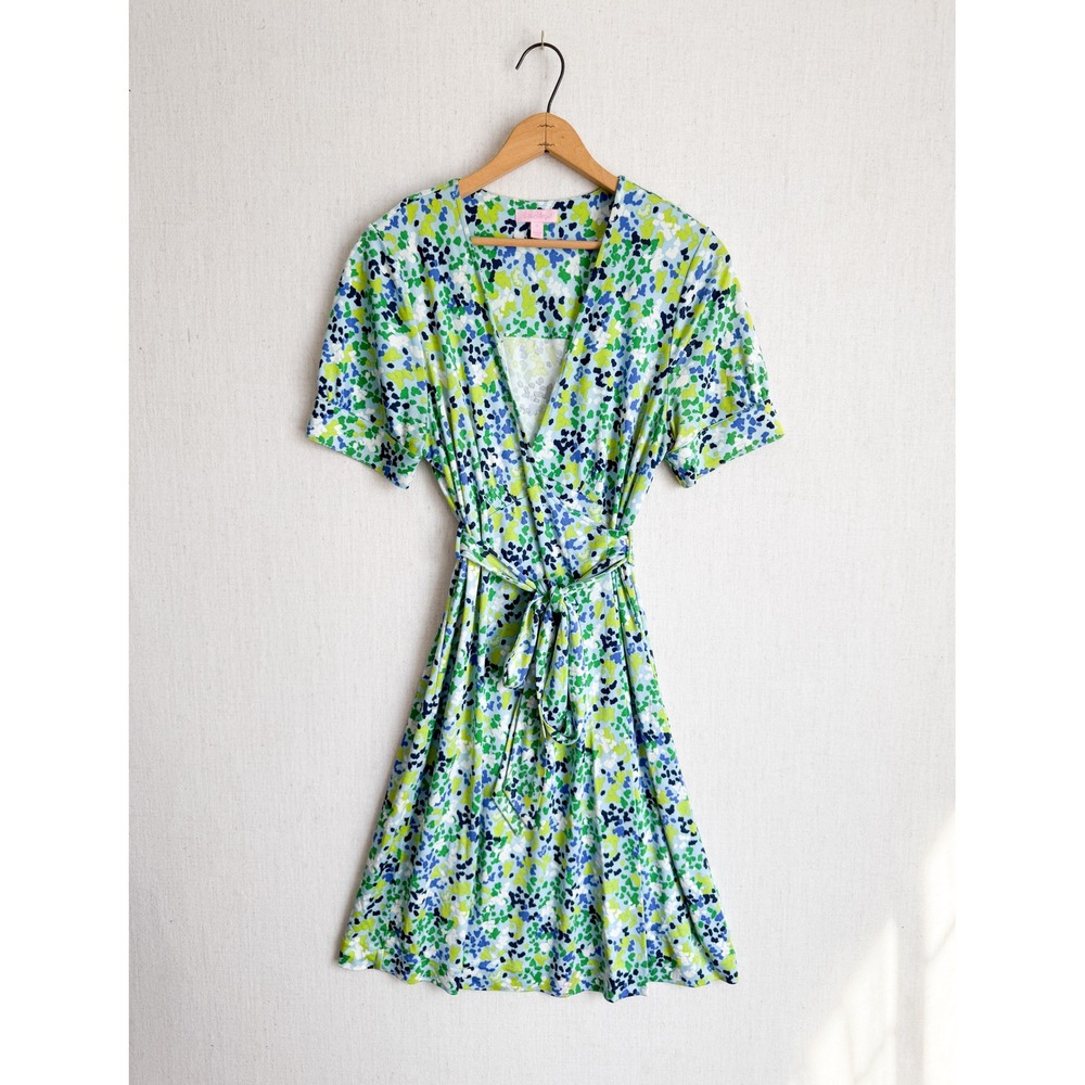 Lilly Pulitzer Silk Green Blue Abstract Floral Wrap Dress Short Sleeve Size 12
